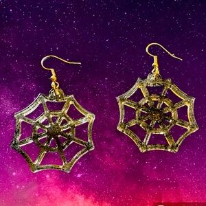 Handmade clear and black glitter spiderweb earrings